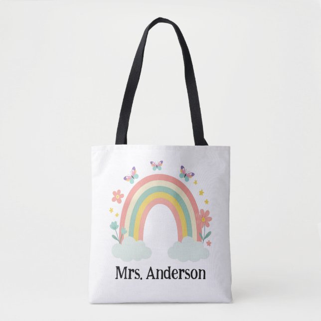 Modern Pastel Rainbow Personalized Teacher Gift Tote Bag (Front)