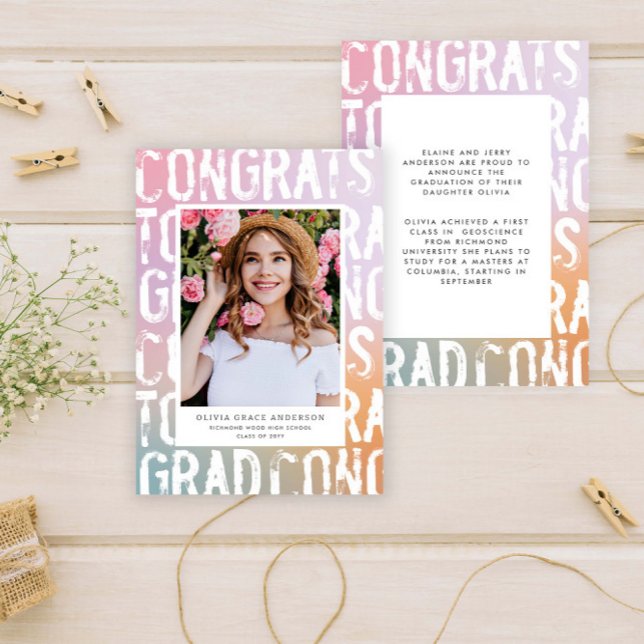 Modern pastel rainbow pink girly photo graduation invitation (Creator Uploaded)