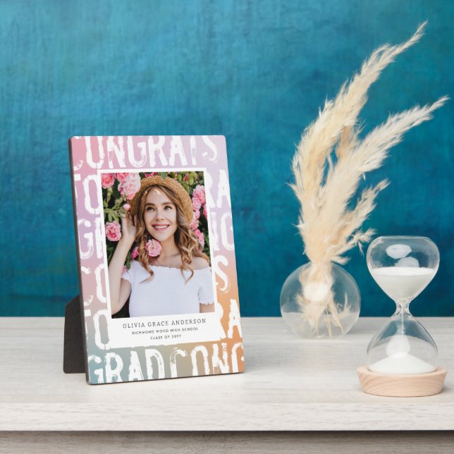 Modern pastel rainbow pink girly photo graduation plaque (Side)