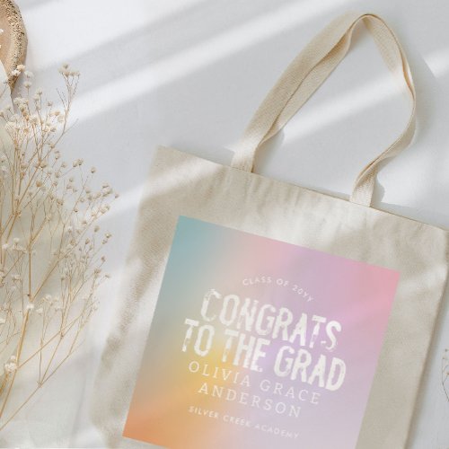 Modern pastel rainbow pink girly photo graduation tote bag