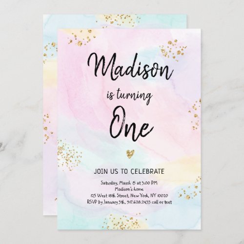 Modern Pastel Rainbow Pink Gold Birthday Invitation