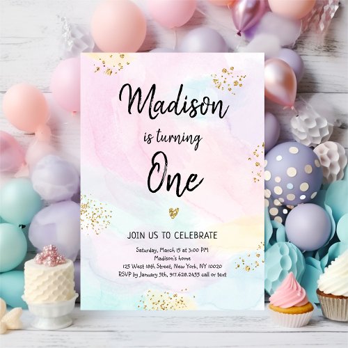 Modern Pastel Rainbow Pink Gold Birthday Invitation