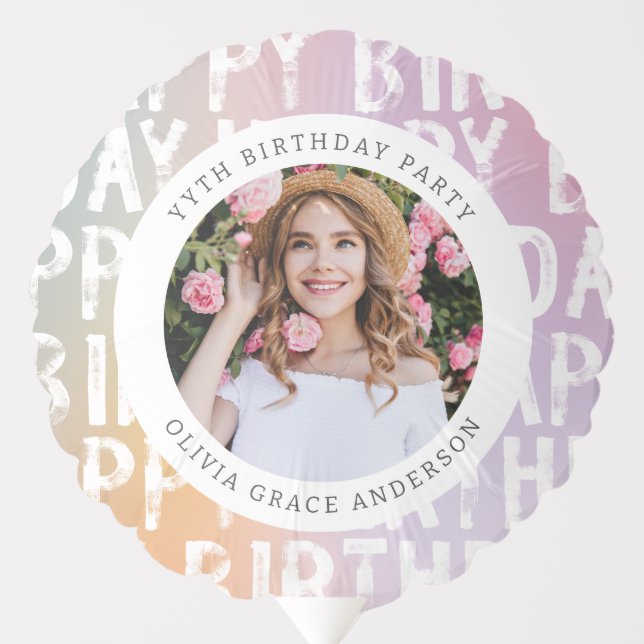 Modern pastel rainbow pink photo birthday party balloon (Front)