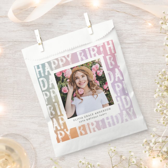 Modern pastel rainbow pink photo birthday party favor bag (Clipped)