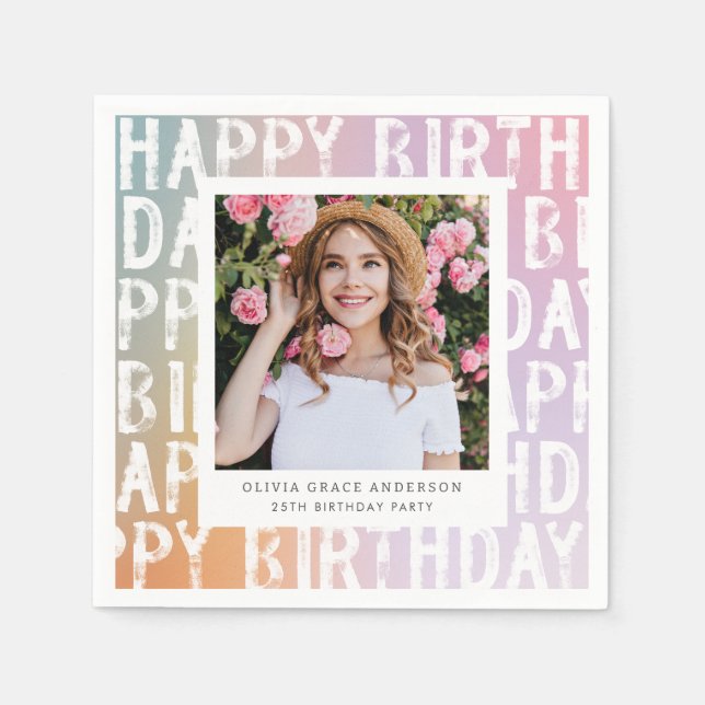 Modern pastel rainbow pink photo birthday party napkins