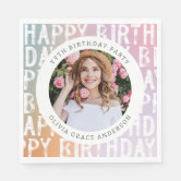 Modern pastel rainbow pink photo birthday party napkins
