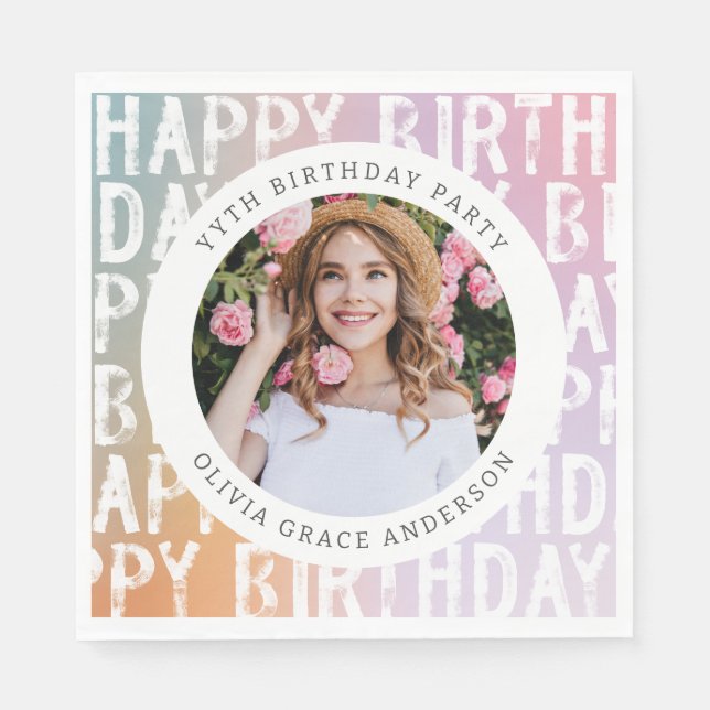 Modern pastel rainbow pink photo birthday party napkins (Front)