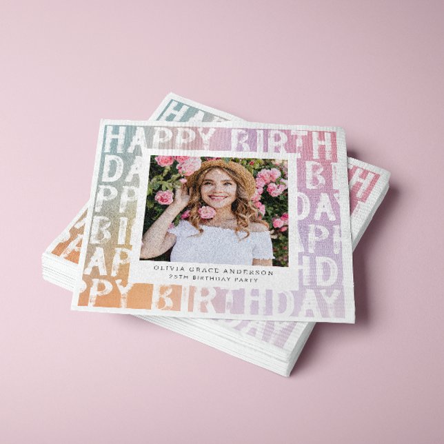 Modern pastel rainbow pink photo birthday party napkins (Creator Uploaded)