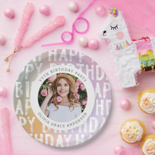 Modern pastel rainbow pink photo birthday party paper plates