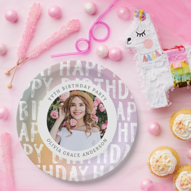 Modern pastel rainbow pink photo birthday party paper plates (Party)