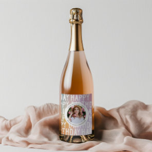 Modern pastel rainbow pink photo birthday party wine label