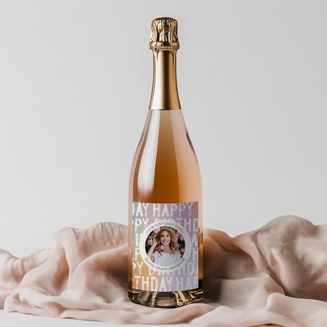 Modern pastel rainbow pink photo birthday party wine label (Creator Uploaded)