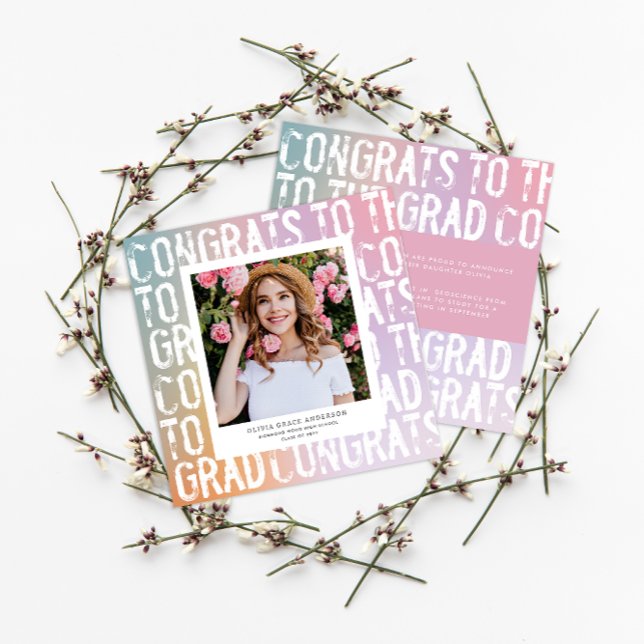 Modern pastel rainbow pink photo graduation invitation (Creator Uploaded)