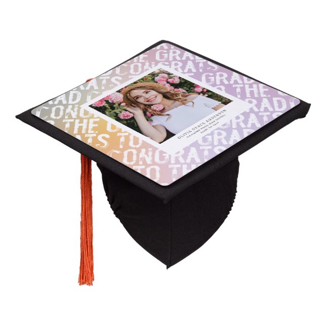 Modern pastel rainbow pink photo graduation party cap topper (Angled)