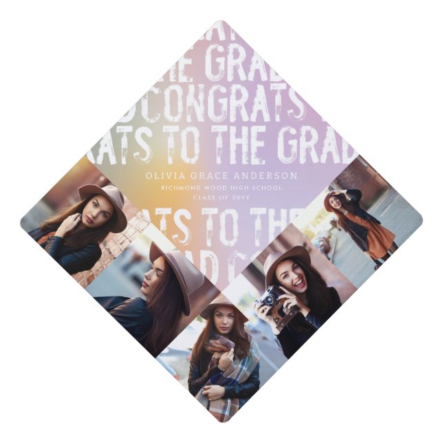 Modern pastel rainbow pink photo graduation party graduation cap topper (Front)
