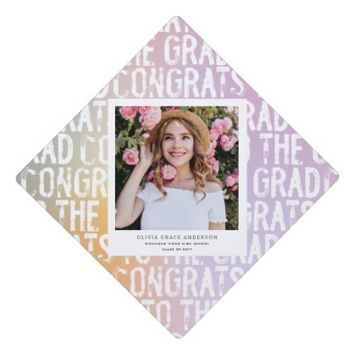 Modern pastel rainbow pink photo graduation party  graduation cap topper
