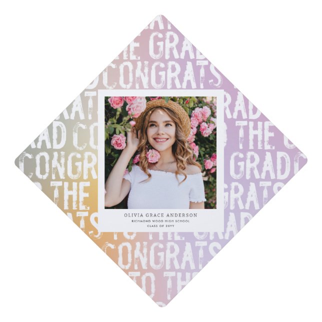 Modern pastel rainbow pink photo graduation party  graduation cap topper (Front)