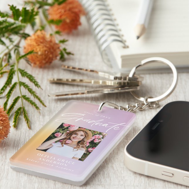 Modern pastel rainbow pink photo graduation party keychain (Front Right)