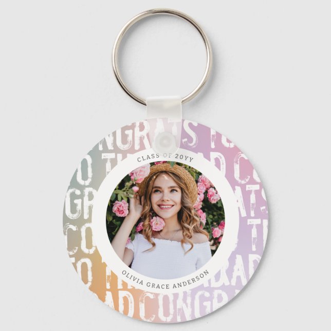 Modern pastel rainbow pink photo graduation party  keychain (Front)