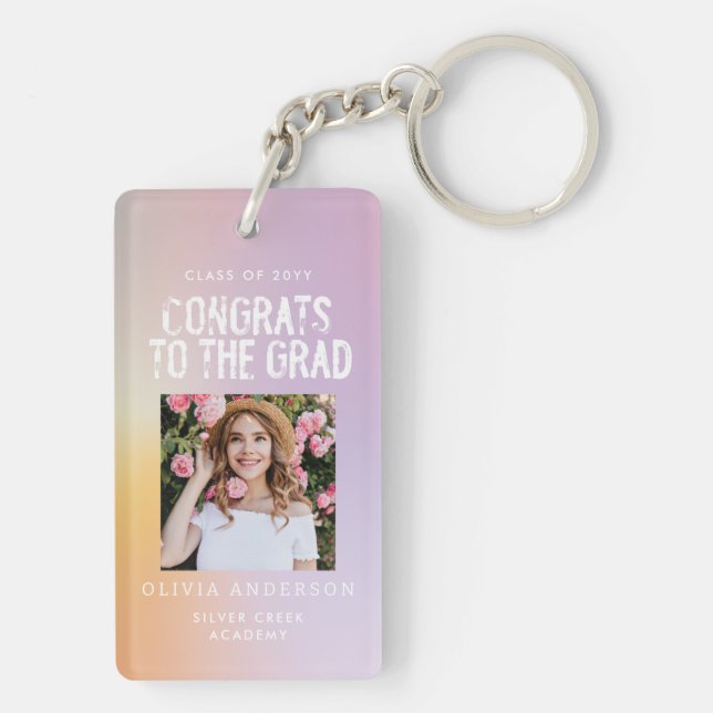 Modern pastel rainbow pink photo graduation party  keychain (Back)