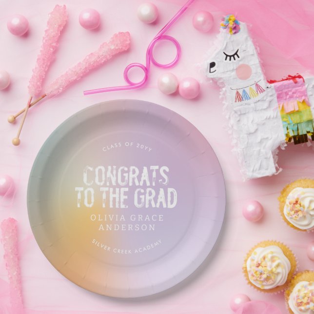Modern pastel rainbow pink photo graduation party paper plates (Party)