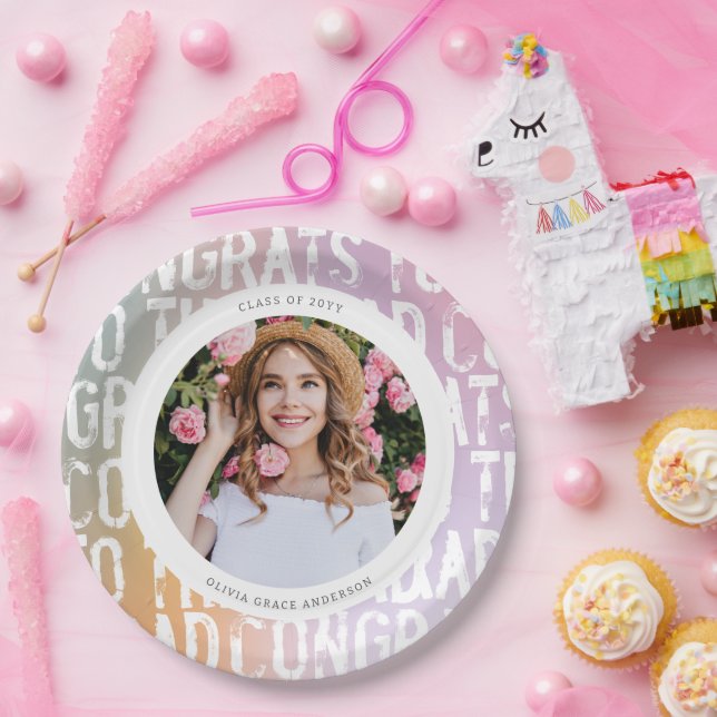 Modern pastel rainbow pink photo graduation party paper plates (Party)