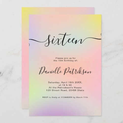 Modern pastel rainbow unicorn holographic Sweet 16 Invitation