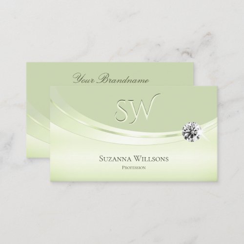 Modern Pastel Sage Green with Monogram and Diamond Business Card