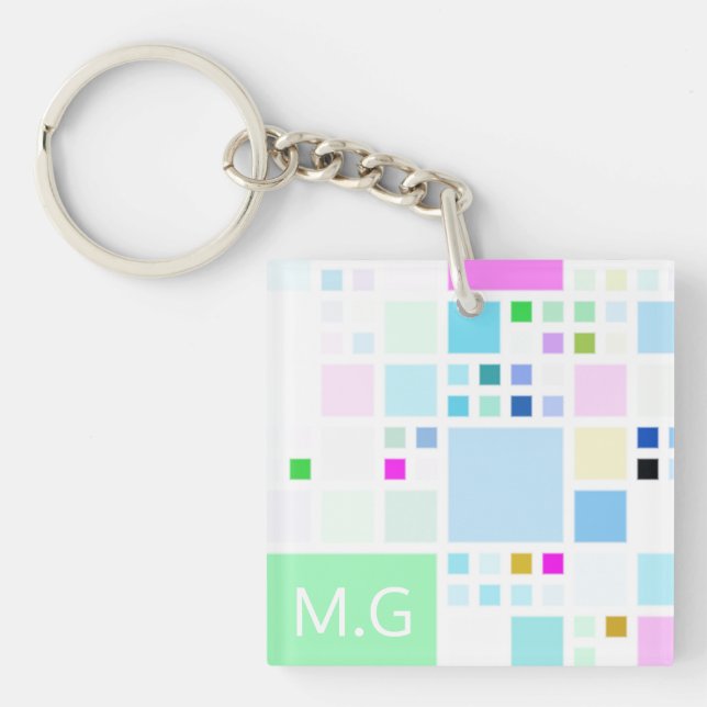 Modern Pastel Squares Geometric Art Monogram Keychain (Front)