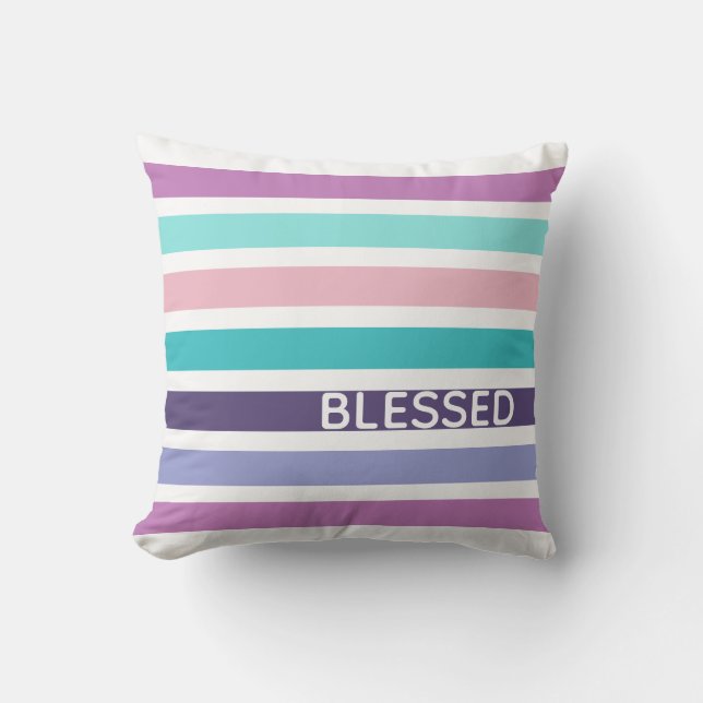 Modern Pastel Striped Christian BLESSED Throw Pillow (Front)