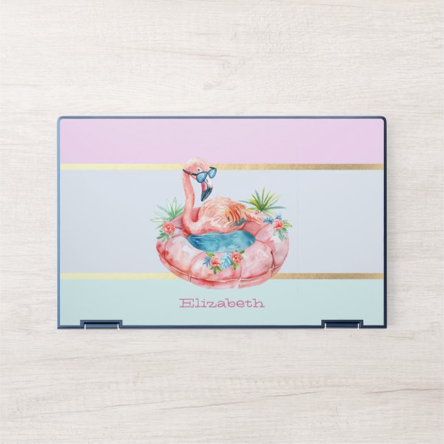 Modern Pastel Striped,Pink Flamingos Beach HP Laptop Skin (Front)