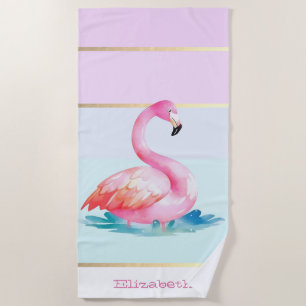 Modern Pastel Striped,Pink Flamingos Beach Towel