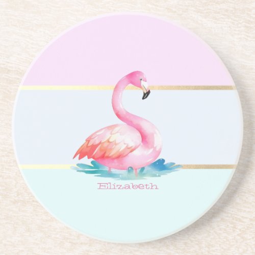 Modern Pastel StripedPink Flamingos  Coaster