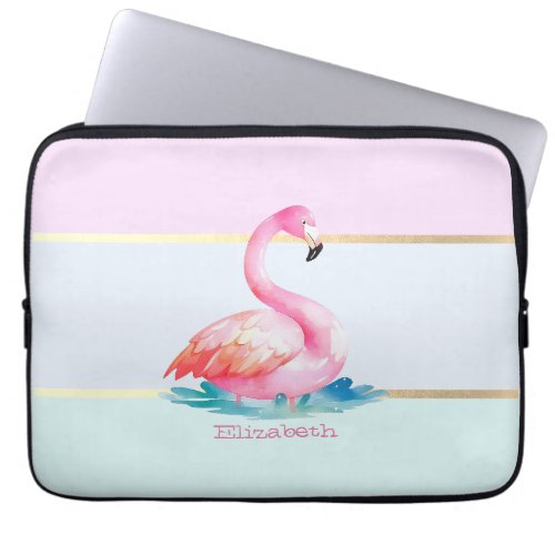 Modern Pastel StripedPink Flamingos  Laptop Sleeve