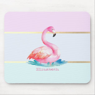 Modern Pastel Striped,Pink Flamingos Mouse Pad