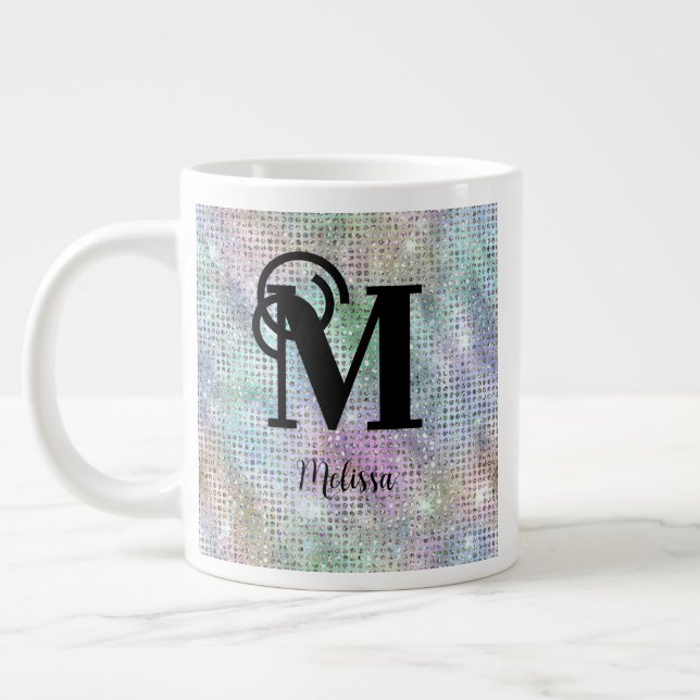 Modern Pastel Studded Glitter Monogram Giant Coffee Mug (Left)