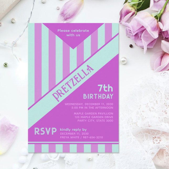 Modern Pastel Teal Pink Stripes Birthday Invitation (Creator Uploaded)