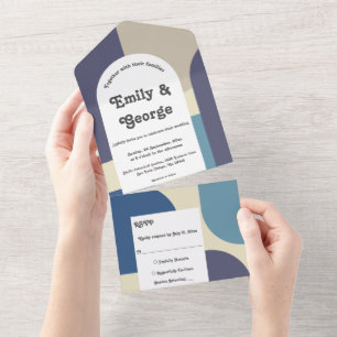 Modern Pastel Teal Purple Retro Abstract Wedding All In One Invitation