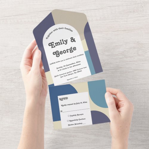 Modern Pastel Teal Purple Retro Abstract Wedding All In One Invitation