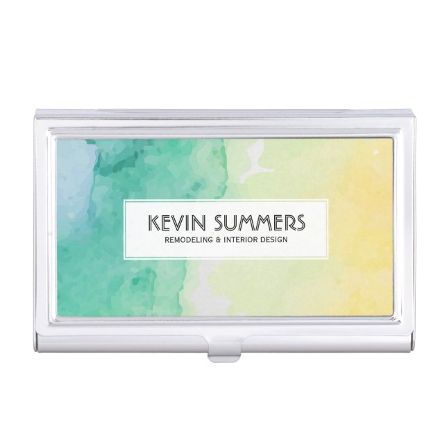 Modern Pastel Watercolor Background Yellow & Green Business Card Holder (Front)