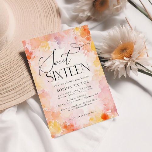 Modern Pastel Watercolor Floral Sweet 16 Birthday  Invitation