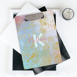 Modern Pastel Watercolor Gold Glitter Monogram Clipboard