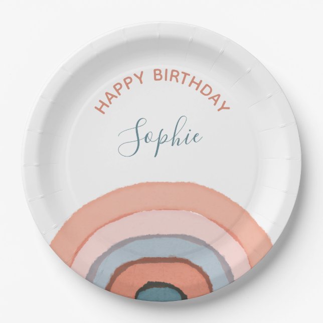 Modern Pastel Watercolor Rainbow Kids Birthday Paper Plates (Front)