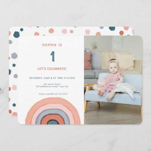 Modern Pastel Watercolor Rainbow Photo Birthday In Invitation