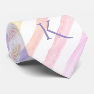 Modern Pastel Watercolor Striped Pattern Monogram Neck Tie