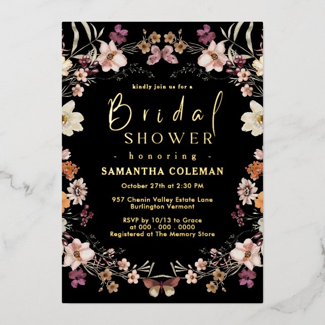 Modern Pastel Wildflower Black Boho Bridal Shower Foil Invitation (Front)