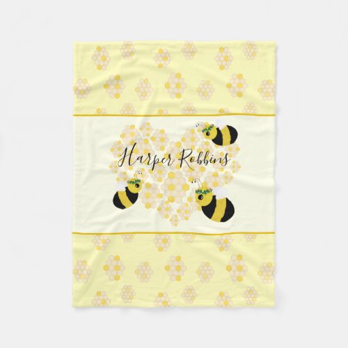 Modern Pastel Yellow Bumble Bees Honeycomb Heart Fleece Blanket