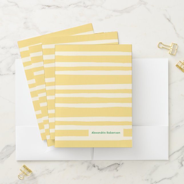 Modern Pastel Yellow Stripes Personalized Pocket Folder (In Situ)