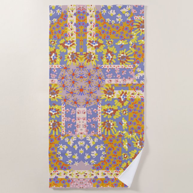 Modern Patchwork Daisy Flowers on Periwinkle Beach Towel (Front)