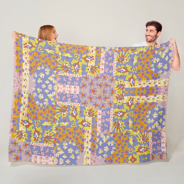 Modern Patchwork Daisy Flowers on Periwinkle Fleece Blanket (In Situ)